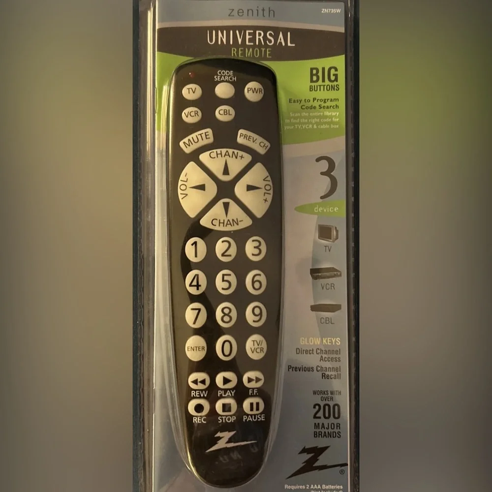 Zenith ZN735W Universal Remote Control Big Buttons Glow Keys